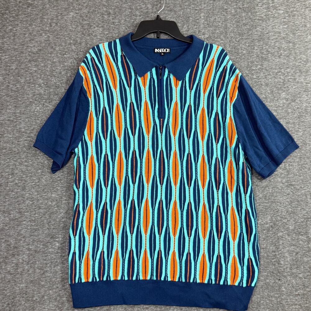 Inserch Polo Short Sleeve Blue Orange Sweater Shirt Men's XL Wavy Knit